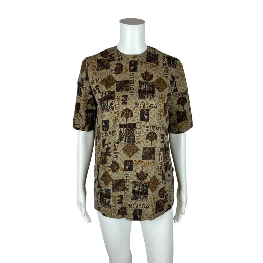 Vintage 50s Egyptian Top Women's Medium Novelty Print Brown Button Back Cotton